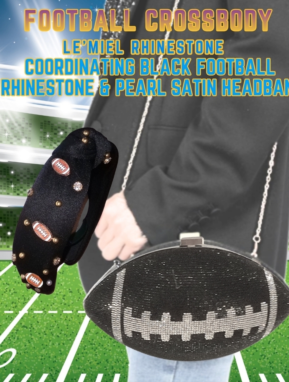 Deluxe Lé Miel Rhinestone Football Hardcase Crossbody Clutch & Headband New